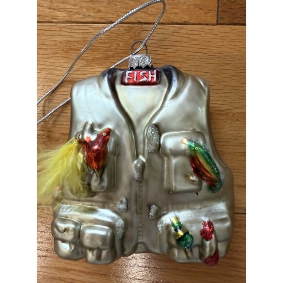 Ornament Fishing Vest Holiday Decor Glass Hand Painted - Picture 3 of 6